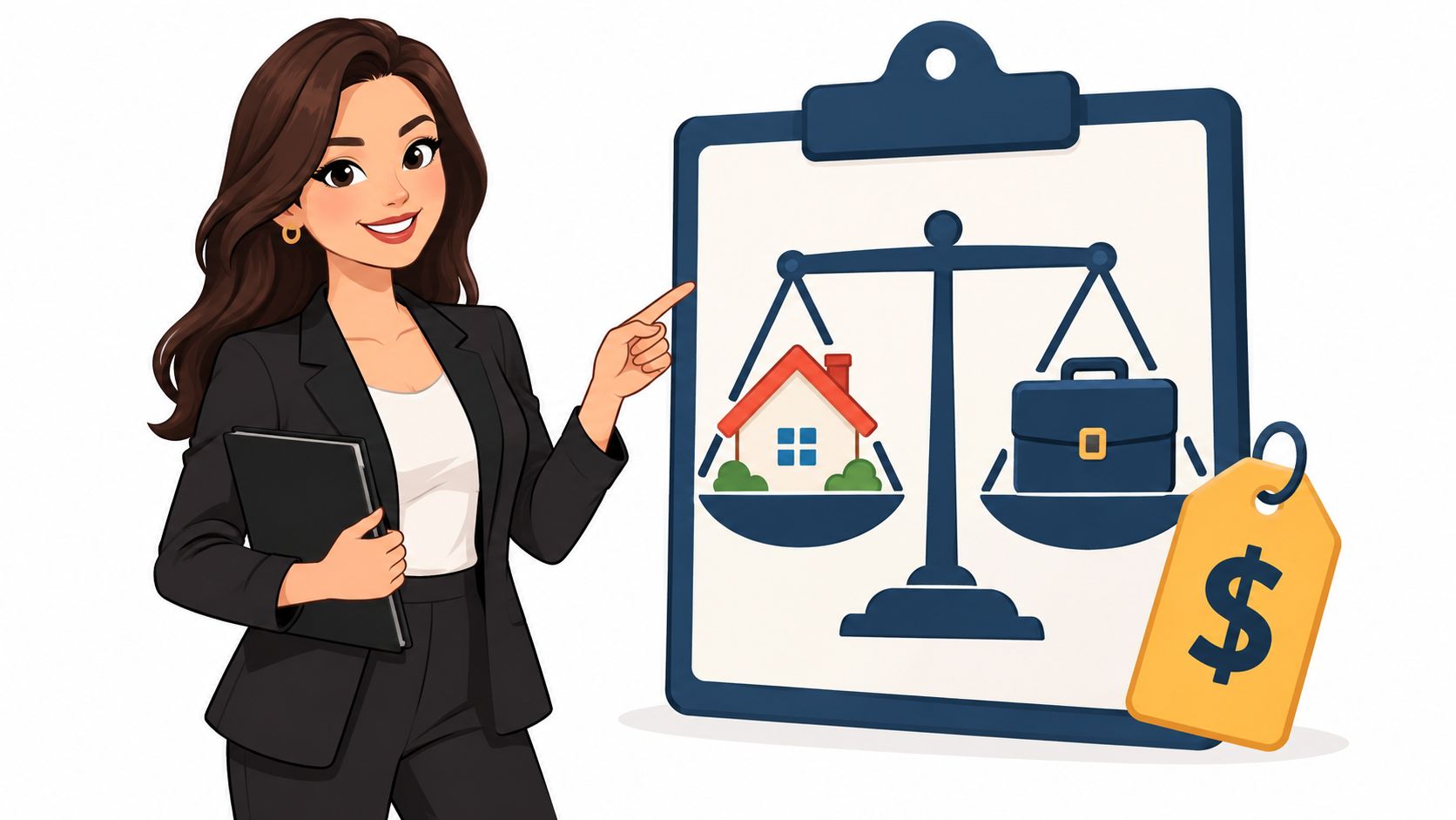 A professional woman in a suit pointing to a balance scale representing house versus business value.