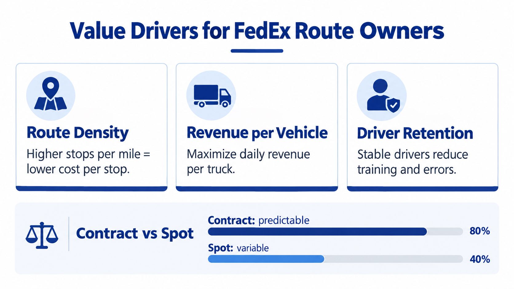 An infographic illustrating value drivers for FedEx route owners, highlighting route density, vehicle revenue, driver retention, and contract versus spot rates.