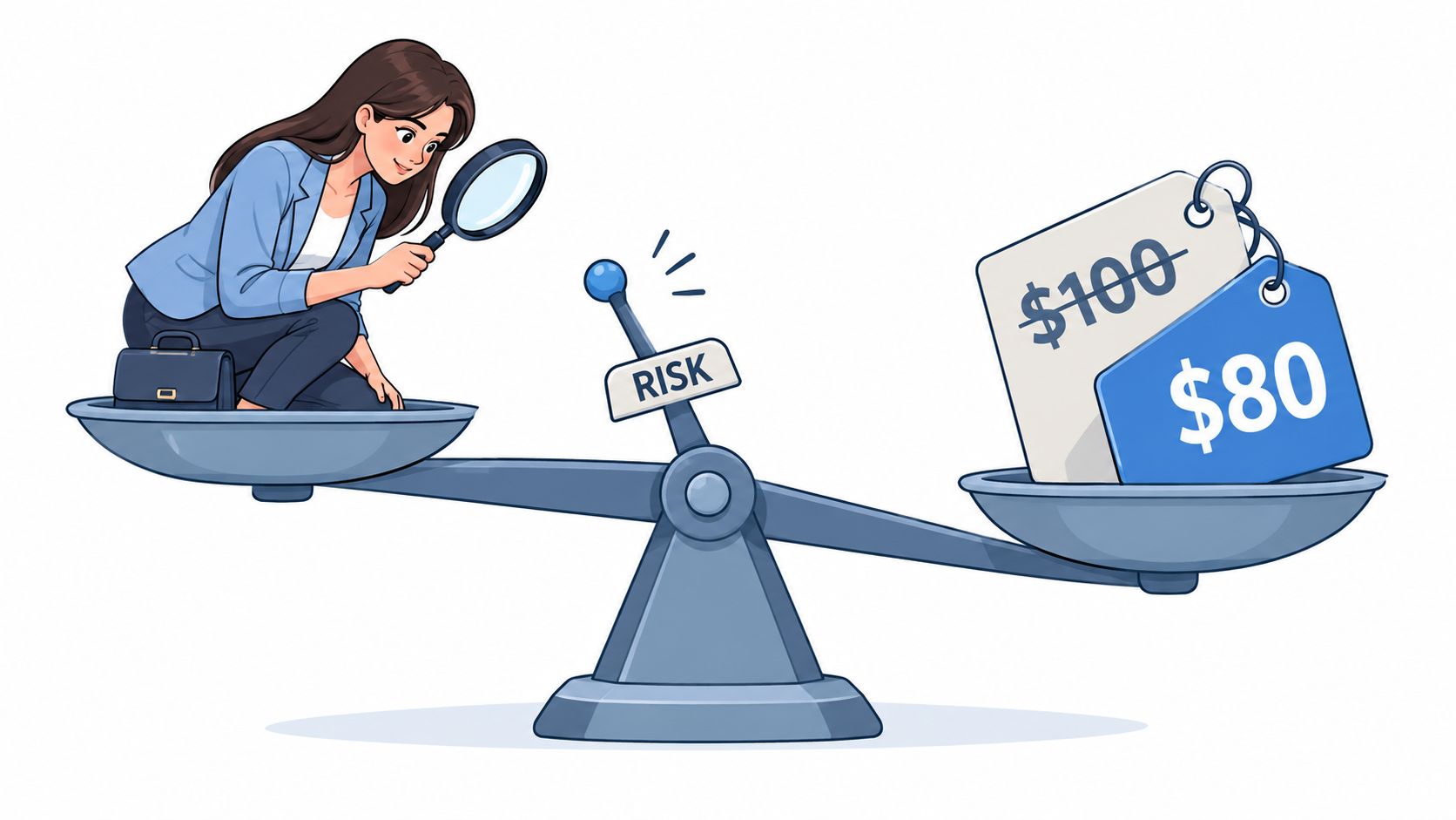 A businesswoman balances risk on a scale against discounted prices of one hundred and eighty dollars.
