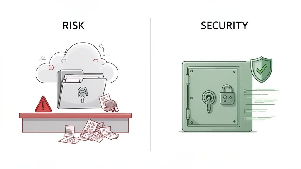Illustrates data risk in the cloud with warning signs versus robust data security with a safe.
