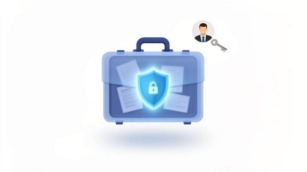 A blue briefcase with documents, a glowing shield with a padlock, a user icon, and a key, symbolizing secure data.
