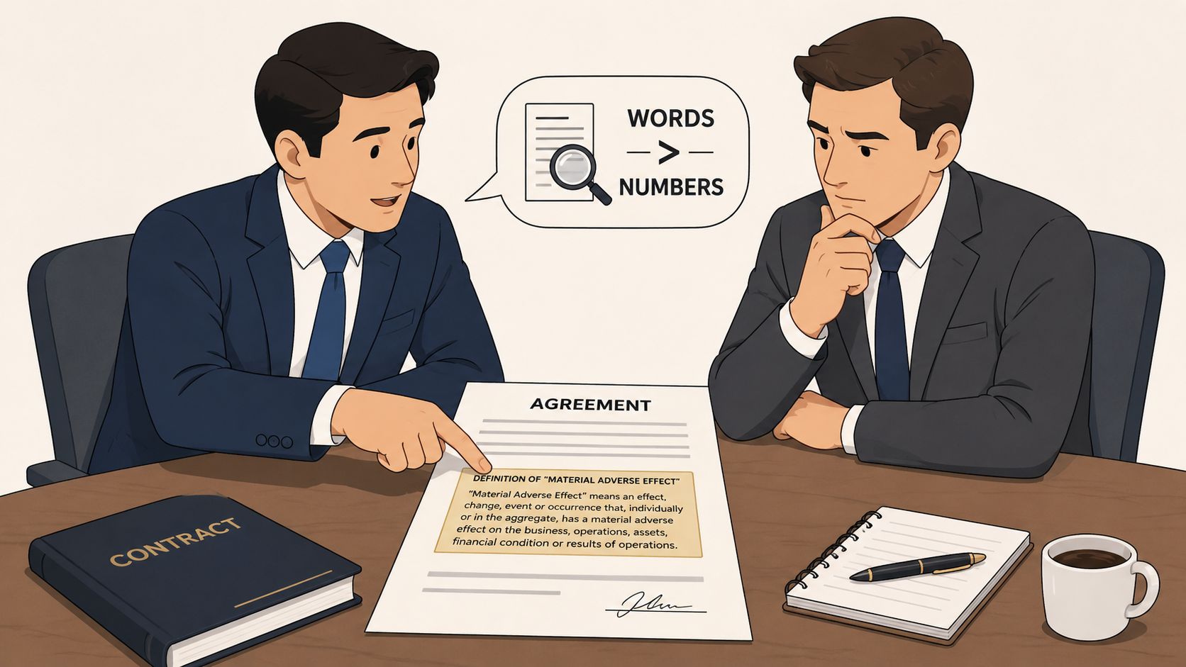 Two professional men in suits discussing a legal contract definition of material adverse effect at a desk.